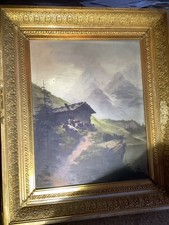 ölgemälde Kühe, Hütte mit